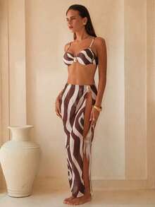 Bonvoyette Conjunto de 3 piezas para mujer de playa de verano, top de bikini con estampado floral de color café con relleno extraíble y aros, shorts + falda, conjunto de traje de baño con hebilla dorada - Multicolor - Ver 6