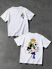 Disney Mickey Mouse X Real Madrids Washed T-Shirt, Retro Soccer Mickey Graphic Tee, Unisex Cotton Casual Crewneck, Double Sided Print Short Sleeve Shirt For Men Women, Streetwear & Daily Wear - 白色 - 查看 3