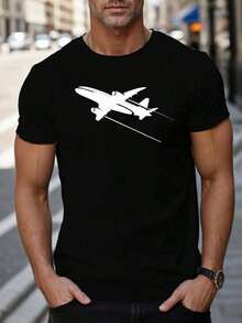 Airplane Print Leisure T-Shirt, T-Shirt, Casual Short-Sleeved T-Shirt, Printed T-Shirt, Comfortable T-Shirt, Printed T-Shirt, Comfortable, Loose Fit. QCE7 - 黑色 - 查看 1