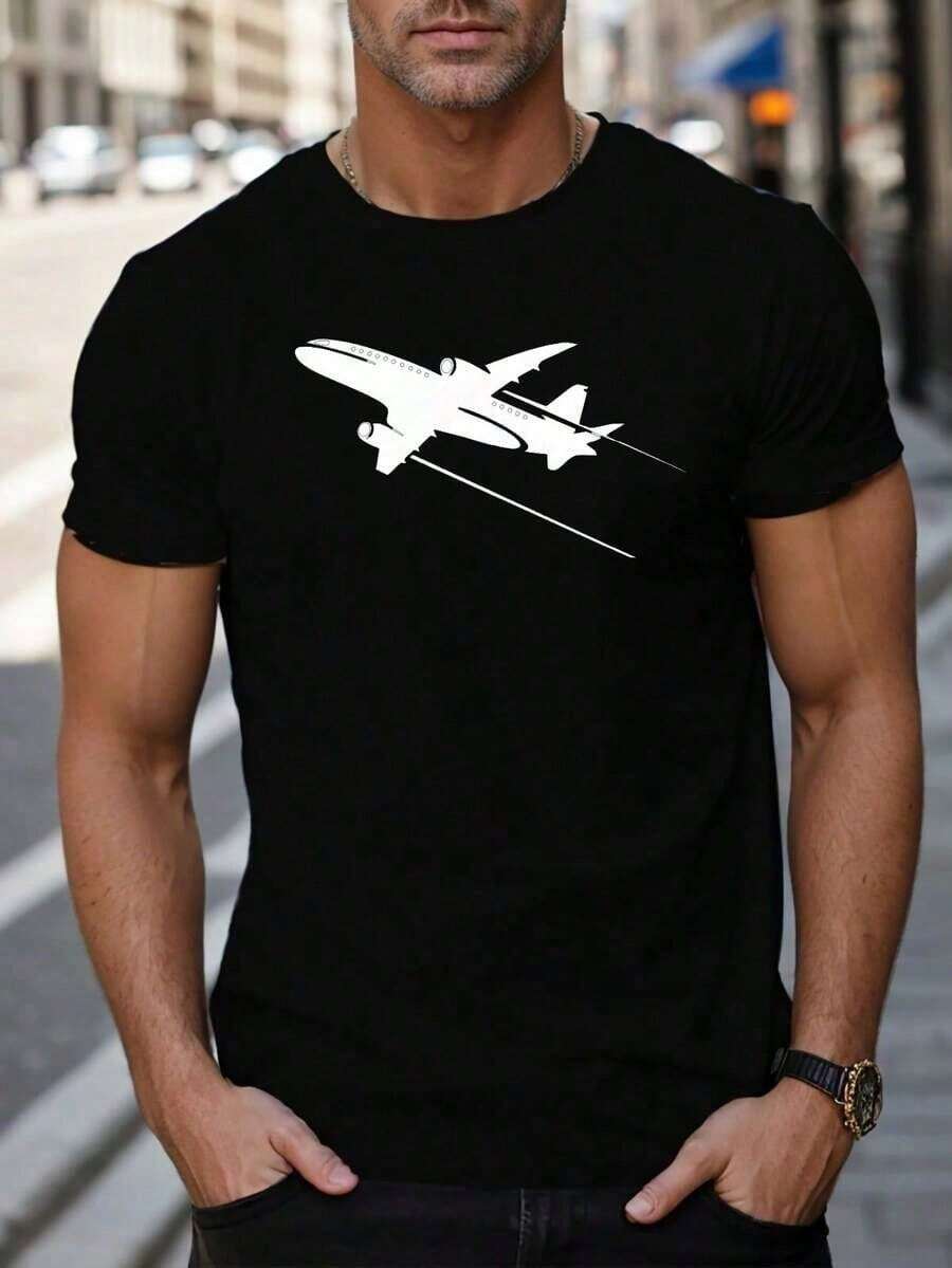 Airplane Print Leisure T-Shirt, T-Shirt, Casual Short-Sleeved T-Shirt, Printed T-Shirt, Comfortable T-Shirt, Printed T-Shirt, Comfortable, Loose Fit. QCE7 - 黑色 - 查看 1