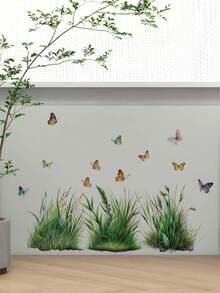 [Refreshing Mori Style] Watercolor Green Plant Floral Wall Stickers - Butterfly / Tropical Plants / Hanging Bouquet Patterns, Self-Adhesive Wall Decals For Living Room, Bedroom, Baseboard - Wall Stickers - View 2