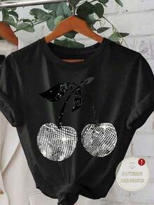 Nueva playera básica de manga corta para mujer: cuello redondo, corte holgado, estampado de ‌ cerezas ‌   de moda, tejido suave con caída perfecta y ultra combinable blusas para mujer playeras de mujer blusas casuales para dama - Negro - Ver 6
