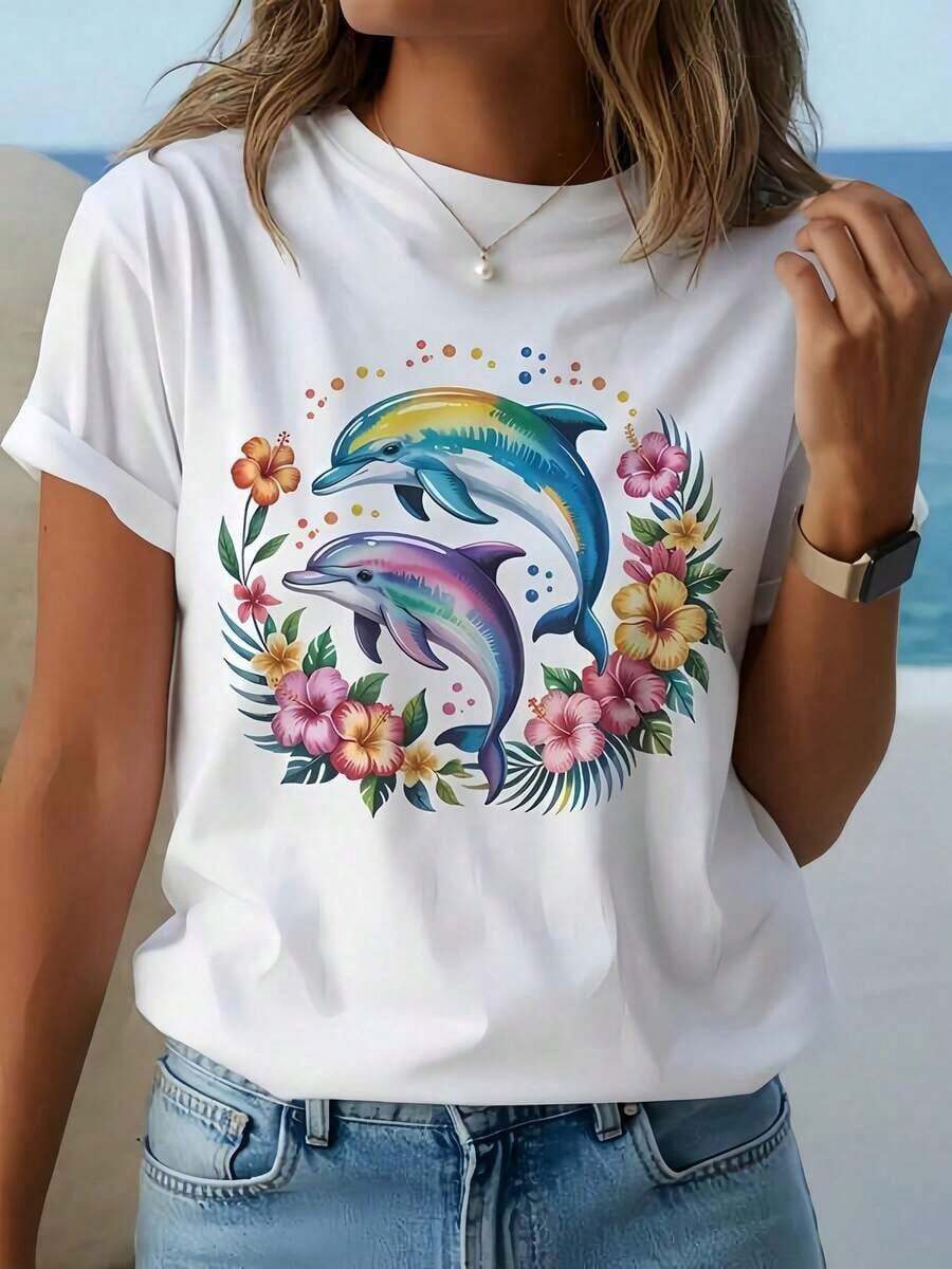 Gift: 1 Women's White T-Shirt With Dolphin Floral Print, Round Neck, Casual Cotton T-Shirt, Medium Elasticity Knit Fabric, Regular Fit For Ladies, For Spring/Summer/Autumn, Soft. - 白色 - 查看 1