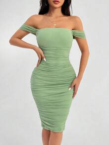 Vestido verde de hombros descubiertos para vacaciones de primavera, ropa barata de verano, vestido de verano, vestido de primavera, vestido pastel, vestido de playa para mujer, vestido largo de playa, vestido de verano - Verde - Ver 2