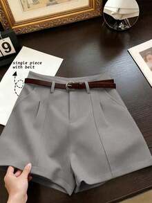 cortos de mujer de estilo minimalista francés, tejidos de unicolor, casuales para ir al trabajo, de cintura alta, con silueta A y pierna ancha, de estilo retro - Gris - Ver 3