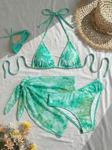 Conjunto de 3 piezas de traje de baño de bikini de unicolor y estilo sexy de halter para mujeres, conjunto de traje de baño, para vacaciones de verano en la playa - Azul - Ver 3