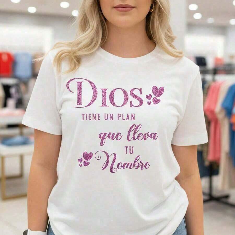 Women's Short-Sleeved Cotton T-Shirt With Bright Print "God Has A Plan That Bears Your Name", Casual Round Neck T-Shirt, Sizes S-5XL, Basic Black Top For Everyday Wear, Religious Graphic T-Shirt. - 白色的 - 查看 1