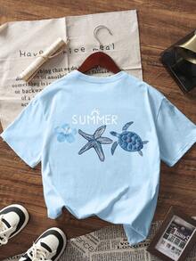 1 buah Kaos Lengan Pendek Bergambar untuk Anak Perempuan Remaja, Pakaian Pelajar/Remaja, Hadiah Musim Panas - Baby Blue - View 5