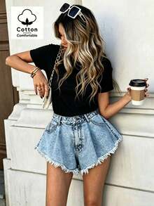 100% Cotton Women's Round Neck Short Sleeve T-Shirt, Black, Fashionable And Elegant, Spring/Summer Casual - Black - View 3