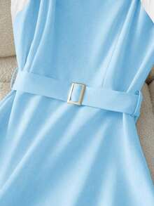 Vestido corto negro y blanco para mujer, vestido de primavera/verano con cinturón, vestido de moda, vestido midi negro, vestido elegante negro y blanco, vestido elegante para mujer, ropa de mujer, vestido de mujer, vestido formal, vestido de alta calidad, vestido impresionante - Azul y blanco - Ver 3
