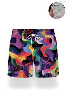 Pantalones cortos de playa casuales de moda para hombre con estampado artístico, cintura elástica con cordón, bolsillos inclinados y forro de malla - Multicolor - Ver 5