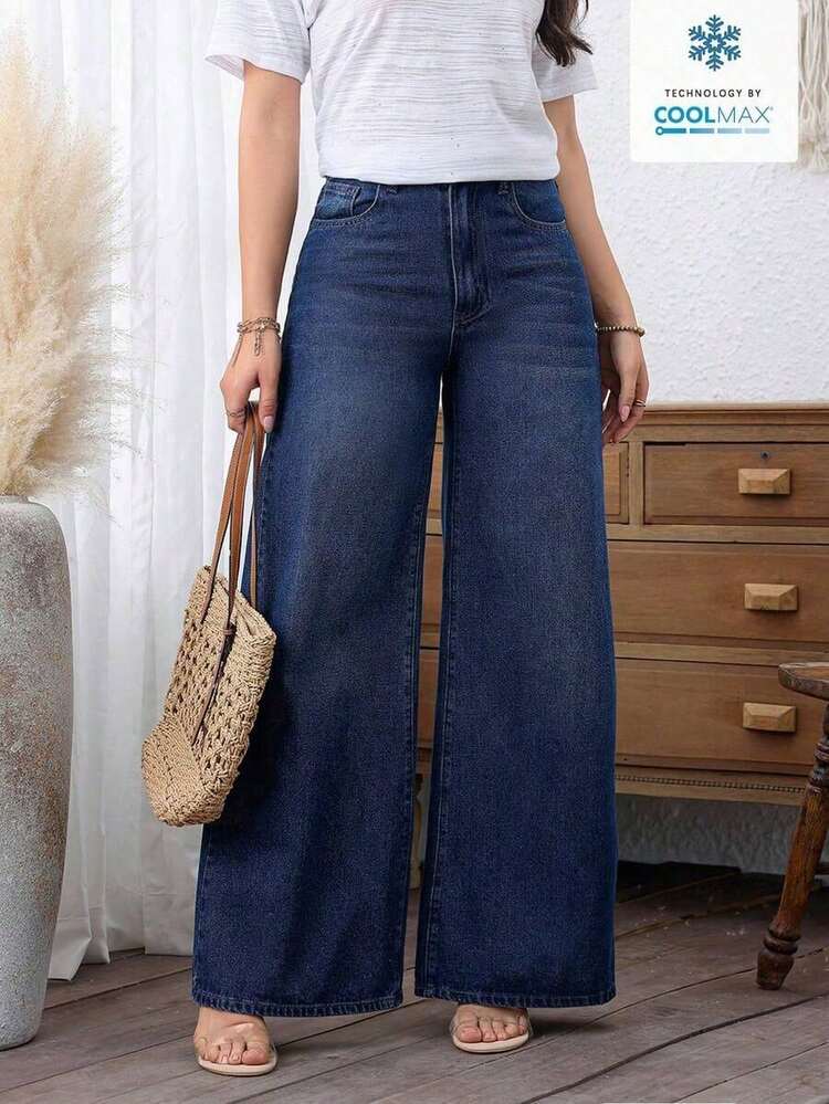 Jeans de uso diario simples de unicolor para mujer - Azul lavado oscuro - Añade 1
