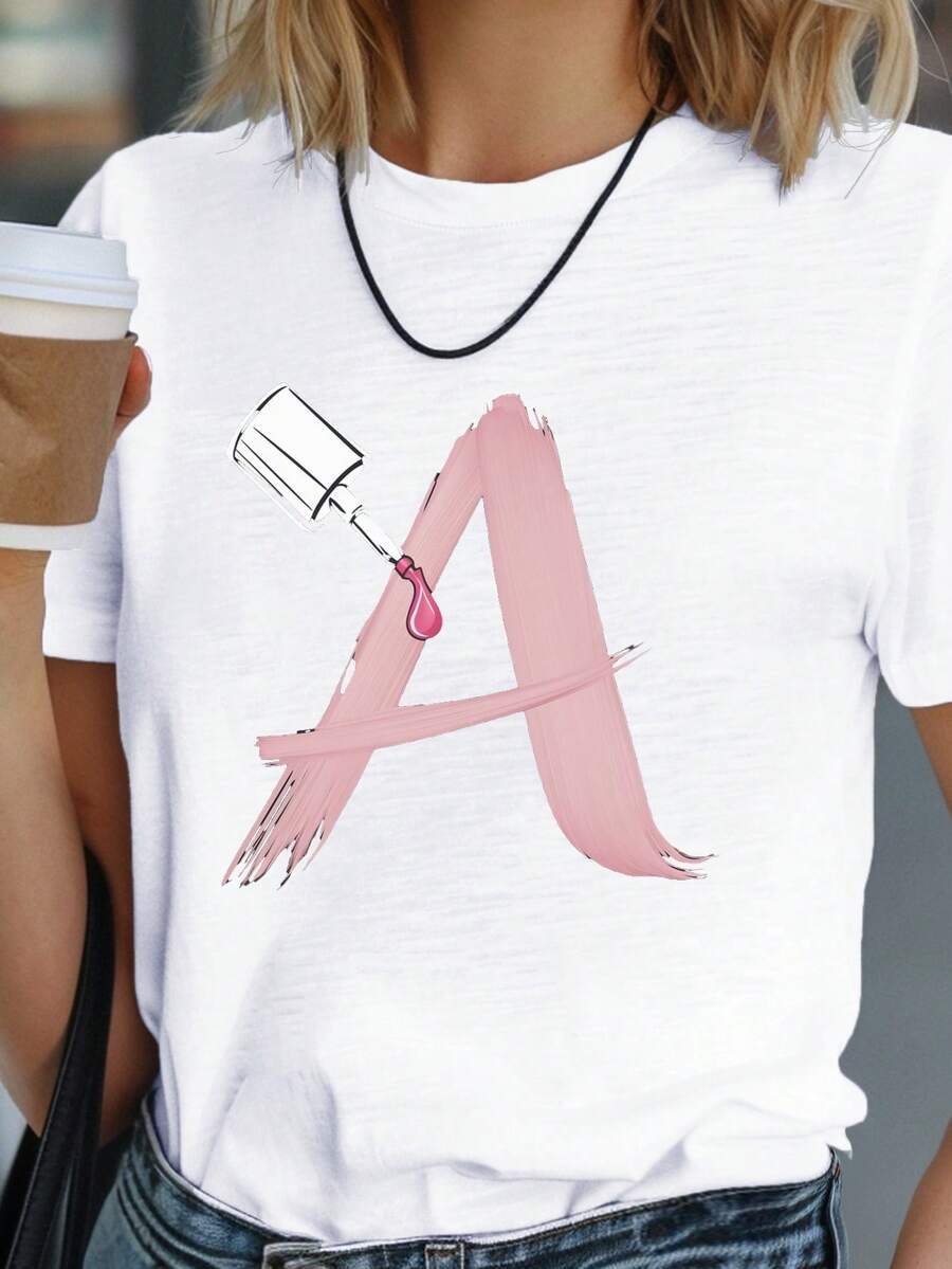 Camiseta para Mujer con Estampado Creativo de la Letra A y Diseño de Esmalte de Uñas, Nueva, de Verano, Versátil, Casual, de Manga Corta y Efecto Adelgazante - Blanco - Ver 1