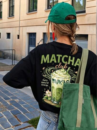 Summer Casual Matcha Club Print Short Sleeve T-Shirt, Women's Round Neck Front & Back Double Print Daily Commute Streetwear Top Vacation