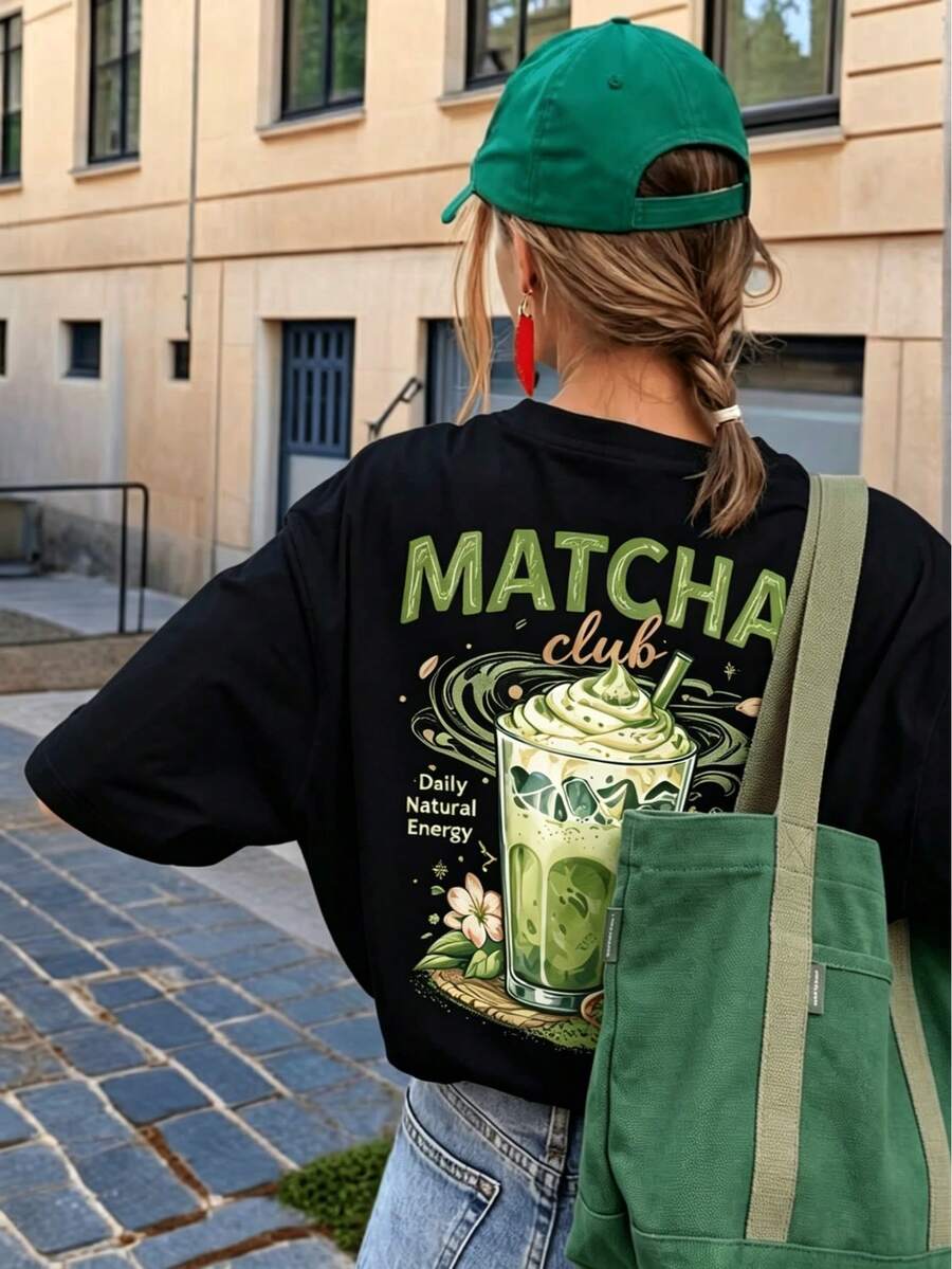 夏季休閒抹茶俱樂部印花短袖T恤,女款圓領前後雙面印花日常通勤街頭風度假黑色上衣 - 黑色 - 查看 1