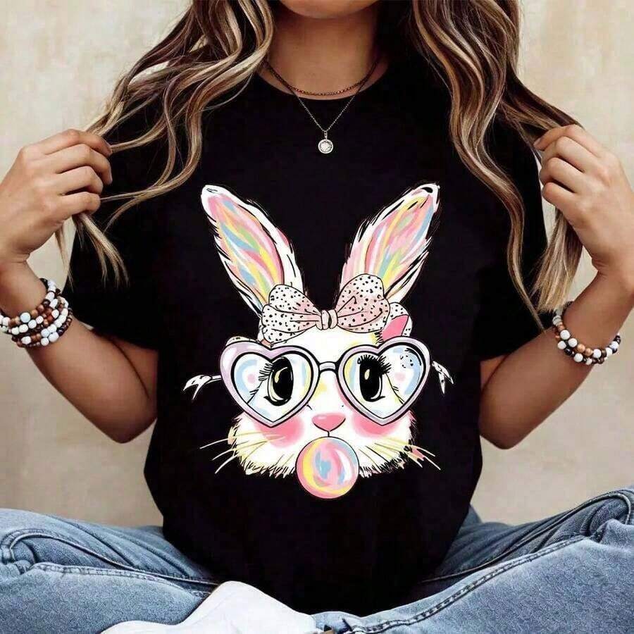 Camisetas con estampado 100% algodón [Camiseta 100% algodón] Linda camiseta de conejito de Pascua, camiseta con estampado de conejo colorido con gafas de corazón y chicle, camiseta casual de manga corta con cuello redondo, conjunto de primavera-verano, top de talla grande, estilo Y2K retro vintage, ropa urbana de hombros caídos, unisex, para mujer y hombre, para uso diario en festivales, 100% algodón. - Negro - Ver 1