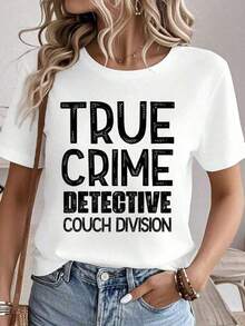 Camiseta divertida con estampado gráfico de True Crime Detective Couch Division, 100% algodón, para mujer, camisetas de verano, cuello redondo, ropa de mujer, conjuntos de ropa para mujer, ropa de otoño para mujer, camisetas para mujer, camiseta blanca. - Blanco - Ver 1