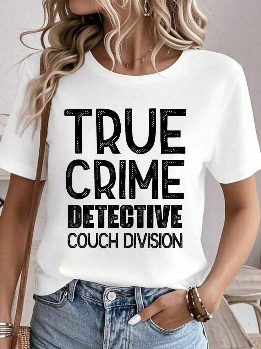 Camiseta divertida con estampado gráfico de True Crime Detective Couch Division, 100% algodón, para mujer, camisetas de verano, cuello redondo, ropa de mujer, conjuntos de ropa para mujer, ropa de otoño para mujer, camisetas para mujer, camiseta blanca. - Blanco - Ver 1