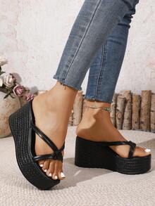 Giày sandal đế xuồng đính ngọc trai thắt nơ cho nữ, giày đế xuồng chống thấm nước, giày đi biển thường ngày, phù hợp để phối với trang phục mùa hè. - màu đen - Xem 5