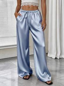 1pc Solid Color Drawstring Pocket Pants, Suitable For Home, Daily Wear, Holidays, Singles Party, Satin, All Seasons Spring - Sky Blue - View 2