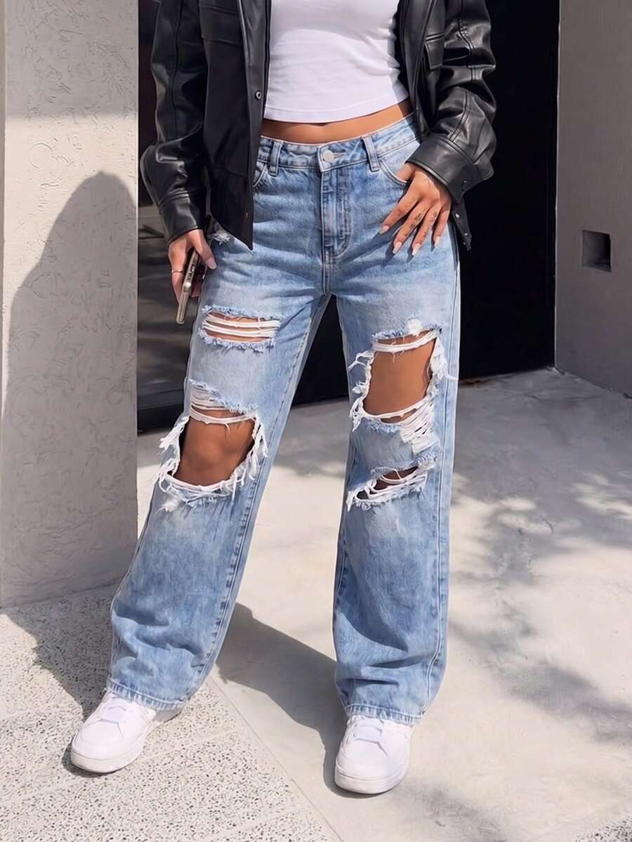 Light Blue Distressed Straight Leg Vintage Denim Jeans For Women Casual Vacation Fall - Light Blue - View 1