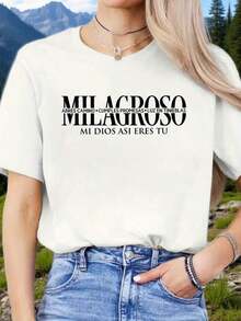 Camiseta de Ocio de Primavera y Verano con Estampado de Letras Españolas, Cuello Redondo, Manga Corta, Deportiva, para Mujer - Negro - Ver 11