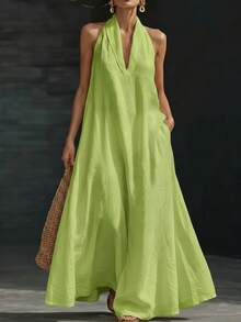Women's Solid Casual Dress Summer 2026, Elegant Loose V-Neck Mini Midi Dress For Everyday Wear - 軍綠色 - 查看 1