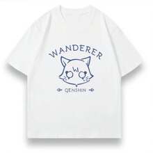 Mercancía del juego : Camiseta de manga corta con diseño del gato Wanderer Scaramouche para hombres y mujeres, ropa de anime de verano para estudiantes. - Blanco - Ver 5