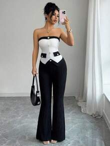 Conjunto de 2 piezas de top corto con tirantes finos y pantalones acampanados de cintura elástica, diseño versátil y casual con contraste de colores, estilo minimalista y sexy al estilo americano - Blanco y Negro - Ver 7