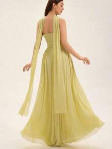 Aveloria Revavyn Vestido con superposición de malla y amarre a la cintura, longitud de maxi - Amarillo - Ver 2