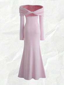 Vestido largo de punto acanalado con manga larga, cintura ceñida, hombros descubiertos, espalda descubierta, doblez de cola de pez, elegante y sexy, color blanco, para otoño/invierno, atuendo de mujer maxi - Rosa - Ver 2