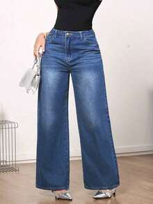 Jeans de pierna ancha de talle medio vintage para mujer - Uso casual elegante sin estiramiento - Azul lavado medio - Ver 5