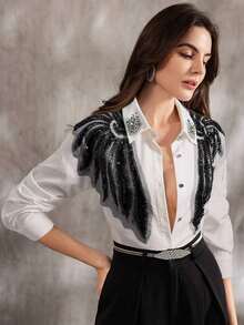 Blusa blanca de manga larga con estilo francés elegante y brillante de Aliao, digna y apropiada, adecuada para mujeres en primavera, festivales, vacaciones, conciertos y otras ocasiones, color negro - Multicolor - Ver 4