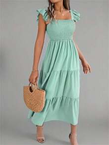 Nuevo vestido midi de unicolor con cuello cuadrado, casual, con espalda descubierta, volantes y sin mangas, color caqui, elegante para primavera/verano - verde menta - Ver 4