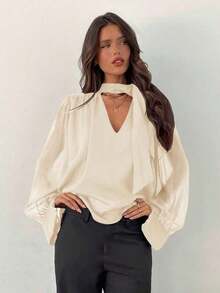 Blusa elegante de gasa con cuello en V profundo y mangas largas con lazo para mujer - Albaricoque - Ver 8