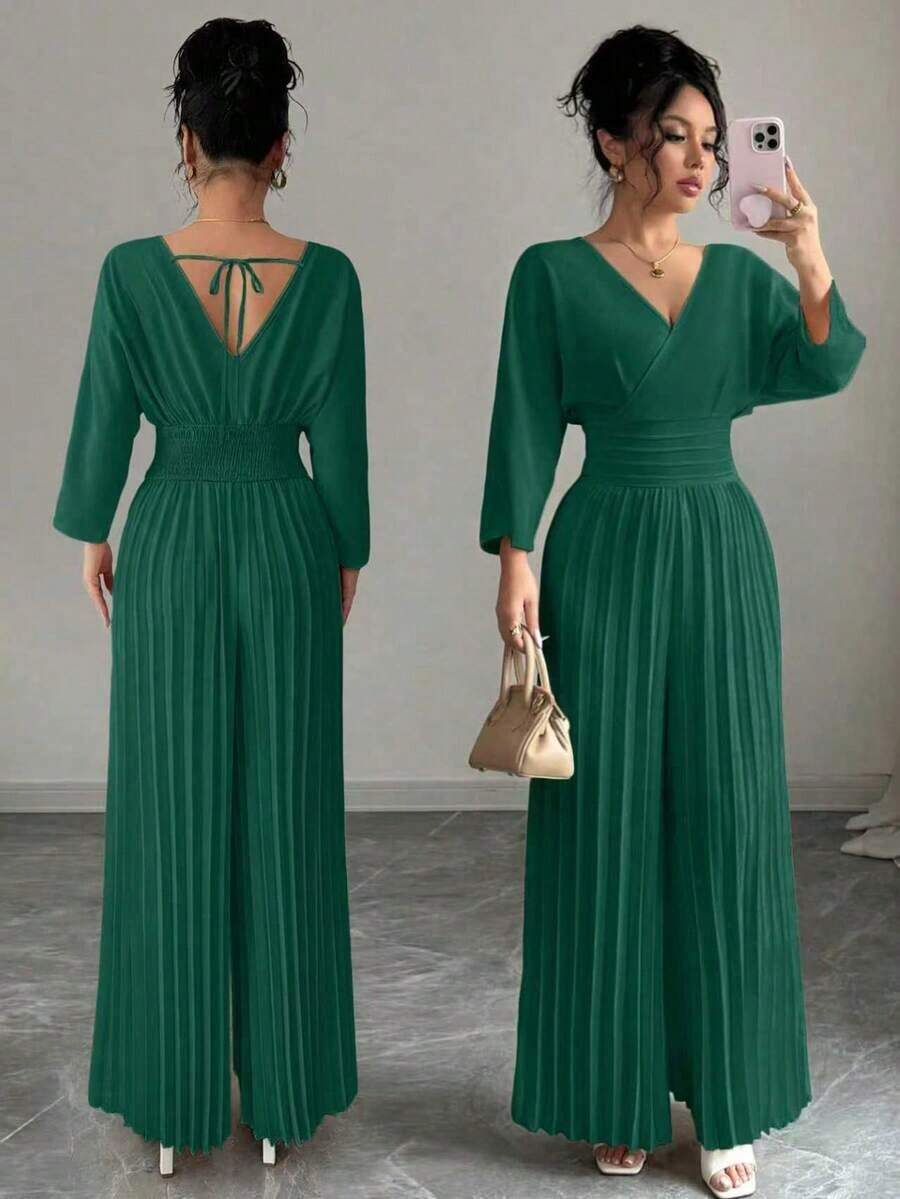 Mono elegante de pierna ancha con escote cruzado en V, mangas tipo murciélago y pliegues, en color liso para mujer - Verde Oscuro - Ver 1