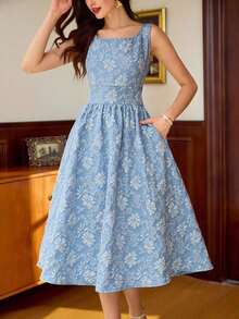 Vestido elegante sin mangas de cuello cuadrado con bolsillo de unicolor vintage para mujer, atuendo de verano, vestido de invitada de boda, vestido de regreso a la escuela, vestido de cumpleaños elegante para mujer, atuendo de cumpleaños elegante para mujer, atuendo de vacaciones para mujer, vestido elegante para mujer en otoño, ropa de mujer para vacaciones, vestido de iglesia para mujer, atuendo de iglesia para mujer, atuendo de festival para mujer, estilo de dinero antiguo, atuendo de brunch para mujer - Azul - Ver 2