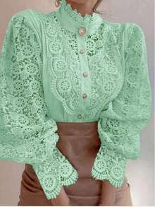 Blusa de primavera con cuello Mao de encaje floral y abotonadura hueca para mujer - Verde - Ver 4