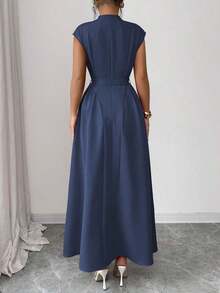 Vestido midi elegante y casual para mujer con diseño inspirado en la Sicilia francesa romántica, adecuado para ir al trabajo, vacaciones, té de la tarde, fiesta de San Valentín, con escote de corazón, cinturón de lazo en la cintura, bajo acampanado y bolsillos, primavera/verano - Azul marino - Ver 2