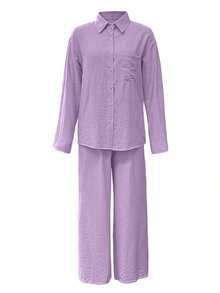 Cardigan casual con cuello polo ligero, blusa elegante de unicolor versátil adecuada para la playa, el diario, el trabajo, las compras, de tela suave, pantalones sueltos con cintura elástica, conjunto de 2 piezas, primavera/verano/otoño - Lila Púrpura - Ver 4