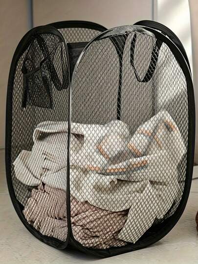 1 pieza Cesta de lavandería plegable de malla - Cesta/bolsa de almacenamiento de tela plegable, portátil, de gran capacidad sin acolchar, adecuada para el cuarto de lavado, sala de estar, baño, dormitorio - Opciones en negro y blanco, esencial de viaje, accesorio para el cuarto de lavado, cesta de lavandería, regalo para mujer