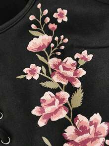 MOD Camiseta de mujer con estampado floral y cordones delanteros - Negro 2 - Ver 5