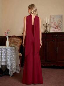 PARTHEA Vestido maxi de punto elegante y sexy para ocasiones formales de verano, con escote halter, decoración de cinta, dobladillo de cola de sirena de doble capa, fruncido, cierre de cremallera, unicolor, espalda descubierta - Rojo - Ver 2