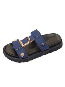New Fashion Metal Buckle Decor, Open Toe, Platform Thick Sole Slippers, Fashionable Slides, Comfortable Non-Slip, Versatile, Easy To Clean, Beach Sandals, Suitable For Daily Wear - Blue Leather - View 6