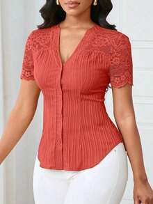 Camisa casual de mujer de unicolor y estilo simple para uso diario, verano - Naranja - Ver 5