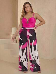 Traje de baño de una pieza con tirantes finos, cuello bajo y estampado de jacquard verde, talla grande talla, con pareo como conjunto de traje de baño de 2 piezas para vacaciones informales - Rosa - Ver 9