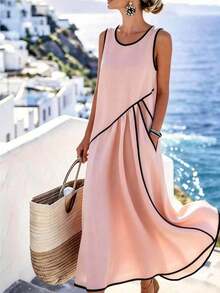 Holidaya Vestido casual de vacaciones con borde de color contrastante, bolsillo asimétrico, vestido largo casual, vestido de primavera/verano para mujer - Rosa Pálido - Ver 4