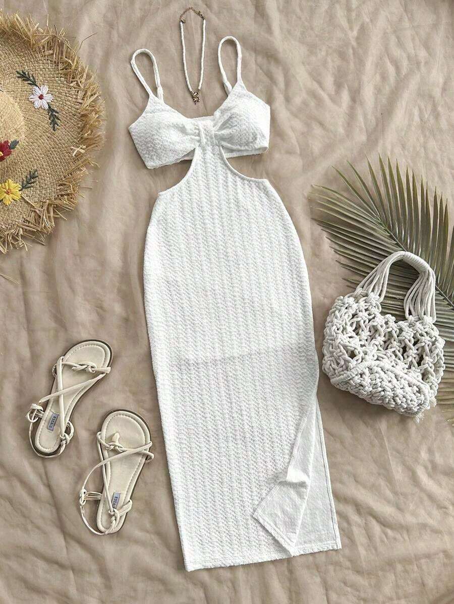 Camiseta de tirantes casual y sexy con recortes en la cintura, de tela con textura para vacaciones - Blanco - Ver 1