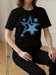 Camiseta de cuello redondo y mangas cortas de ropa fashion, fabricada enéxico, para la temporada primavera-verano 2025.Con estampado de dibujos animados, un modelo de pareja, apta para usar tanto por dentro como por fuera, para oficina y estilo casual, diseñpara hombres y mujeres, en unidad individual.blusas para mujer playeras de mujer blusas casuales para dama - Negro - Ver 2