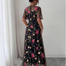 Elenzya Mesh Embroidered Floral Leaf Print Short Sleeve Elegant Casual Zip-Up Long Dress For Women - Multicolor - Ver 10